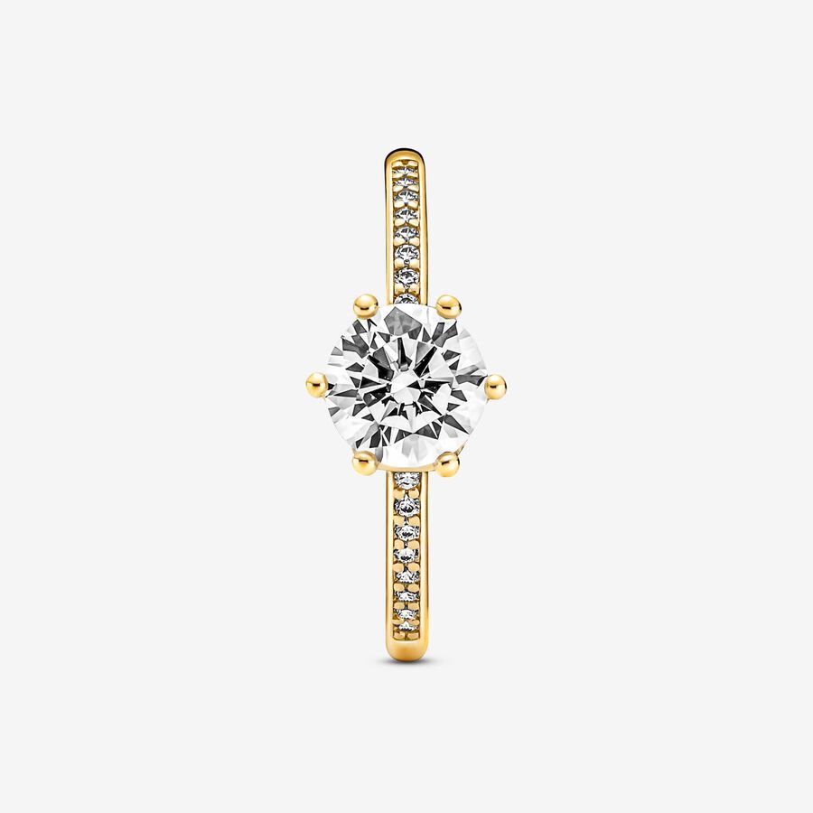 PANDORA Jewelry Clear Sparkling Crown Solitaire Ring - 14k Gold-Plated with Cubic Zirconia - Size 7, With Gift Box