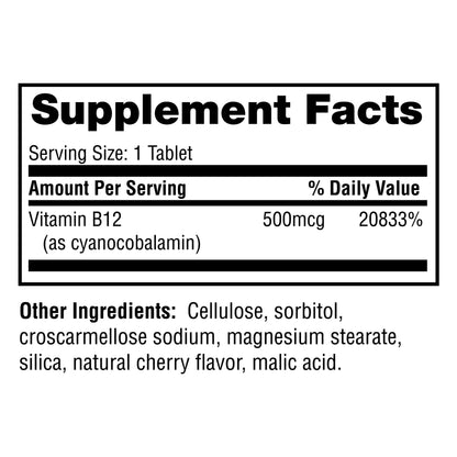 Twinlab B12 Dots - Vegetarian Vitamin B12 Sublingual Natural Energy Pills - for Nerve & Brain Health, Energy Boost & Daily Immune Support - 500mcg, Cherry Flavor 100 Lozenges, 4 Pack