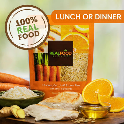 Real Food Blends Orange Chicken, Carrots & Brown Rice Pureed Blended Meal for Feeding Tubes, 9.4 oz Pouch (Pack of 12 Pouches)