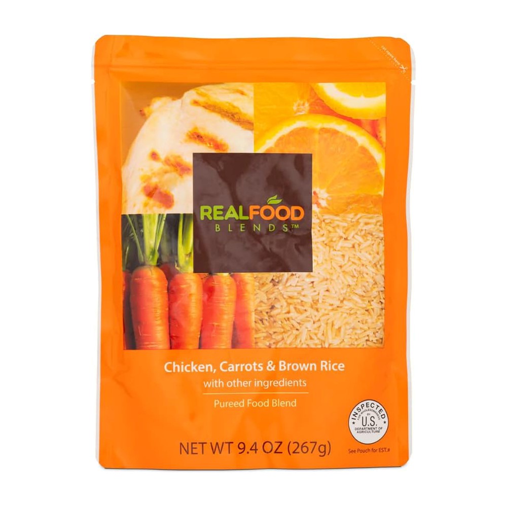 Real Food Blends Orange Chicken, Carrots & Brown Rice Pureed Blended Meal for Feeding Tubes, 9.4 oz Pouch (Pack of 12 Pouches)