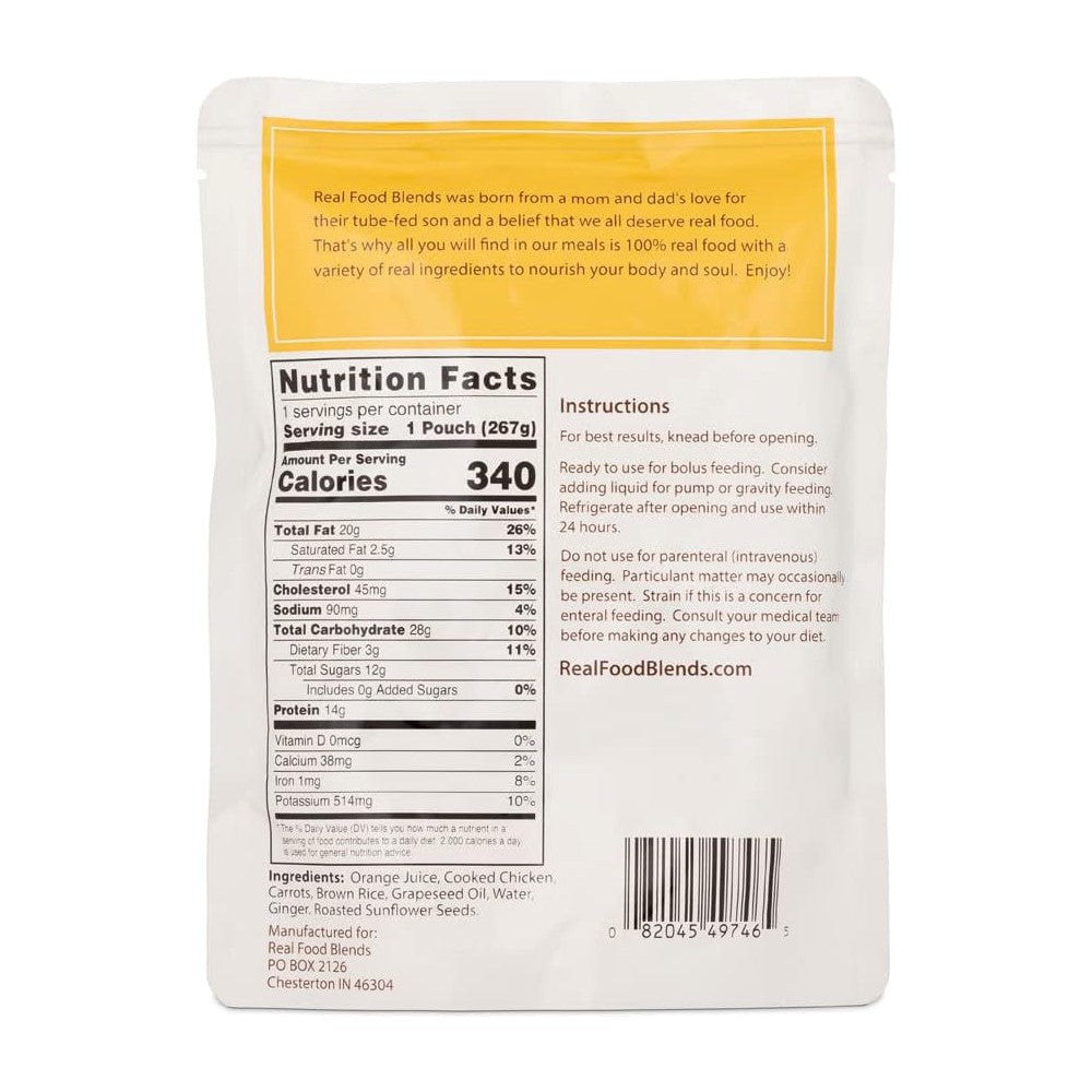 Real Food Blends Orange Chicken, Carrots & Brown Rice Pureed Blended Meal for Feeding Tubes, 9.4 oz Pouch (Pack of 12 Pouches)