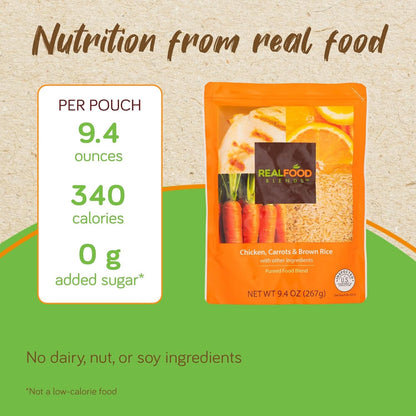 Real Food Blends Orange Chicken, Carrots & Brown Rice Pureed Blended Meal for Feeding Tubes, 9.4 oz Pouch (Pack of 12 Pouches)