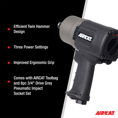 AIRCAT 1770-XLK: 3/4-Inch Impact Wrench Kit with Refined Design Twin Hammer 1,600 ft-lbs