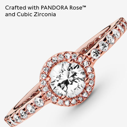 PANDORA Jewelry Classic Sparkle Halo Cubic Zirconia Ring in Rose, Size 7.5, With Gift Box