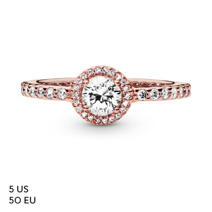PANDORA Jewelry Classic Sparkle Halo Cubic Zirconia Ring in Rose, Size 5, With Gift Box