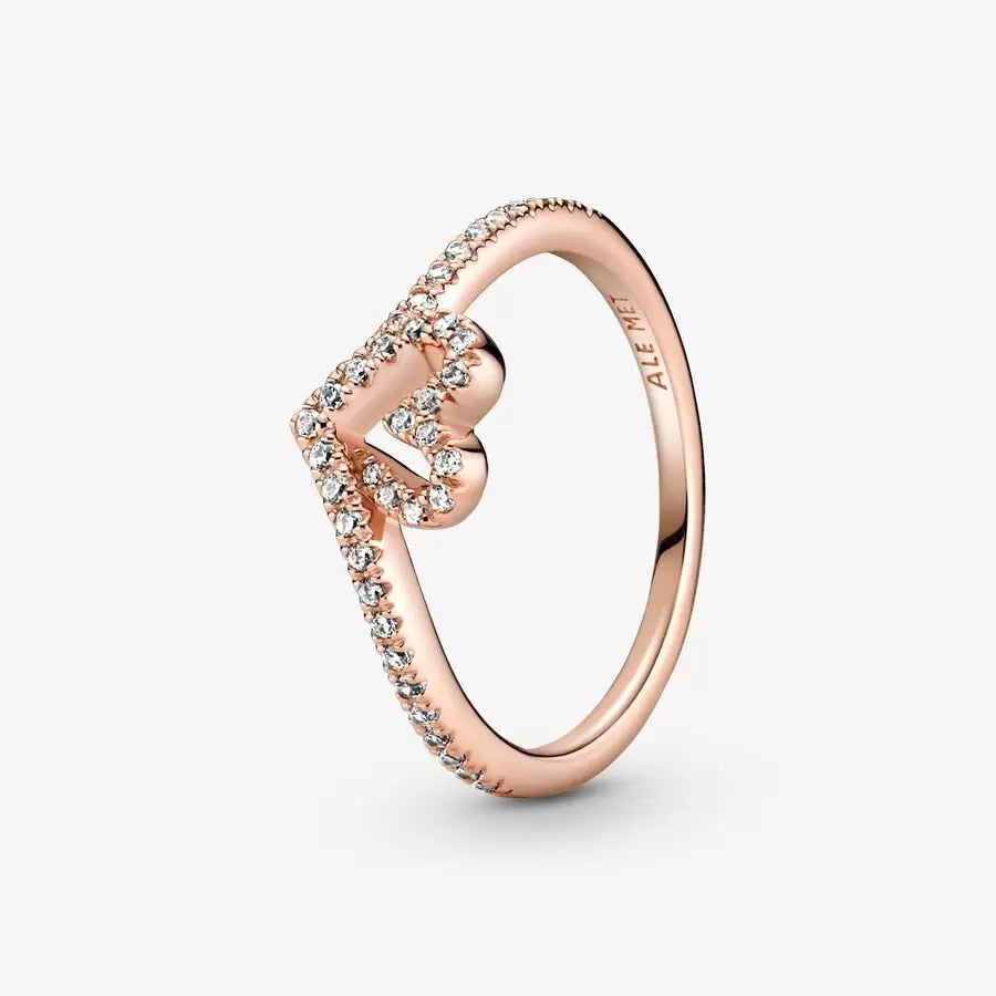 PANDORA Jewelry Sparkling Wishbone Heart Ring for Women - 14k Rose Gold-Plated with Cubic Zirconia - Size 7, With Gift Box