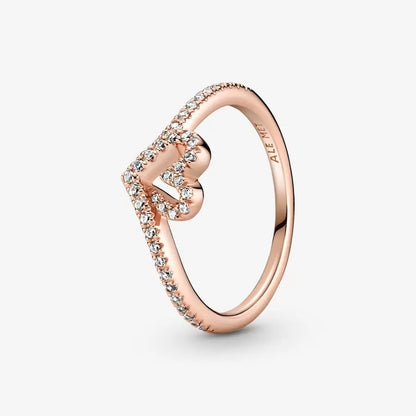 PANDORA Jewelry Sparkling Wishbone Heart Ring for Women - 14k Rose Gold-Plated with Cubic Zirconia - Size 7, With Gift Box