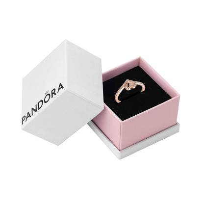 PANDORA Jewelry Sparkling Wishbone Heart Ring for Women - 14k Rose Gold-Plated with Cubic Zirconia - Size 9, With Gift Box