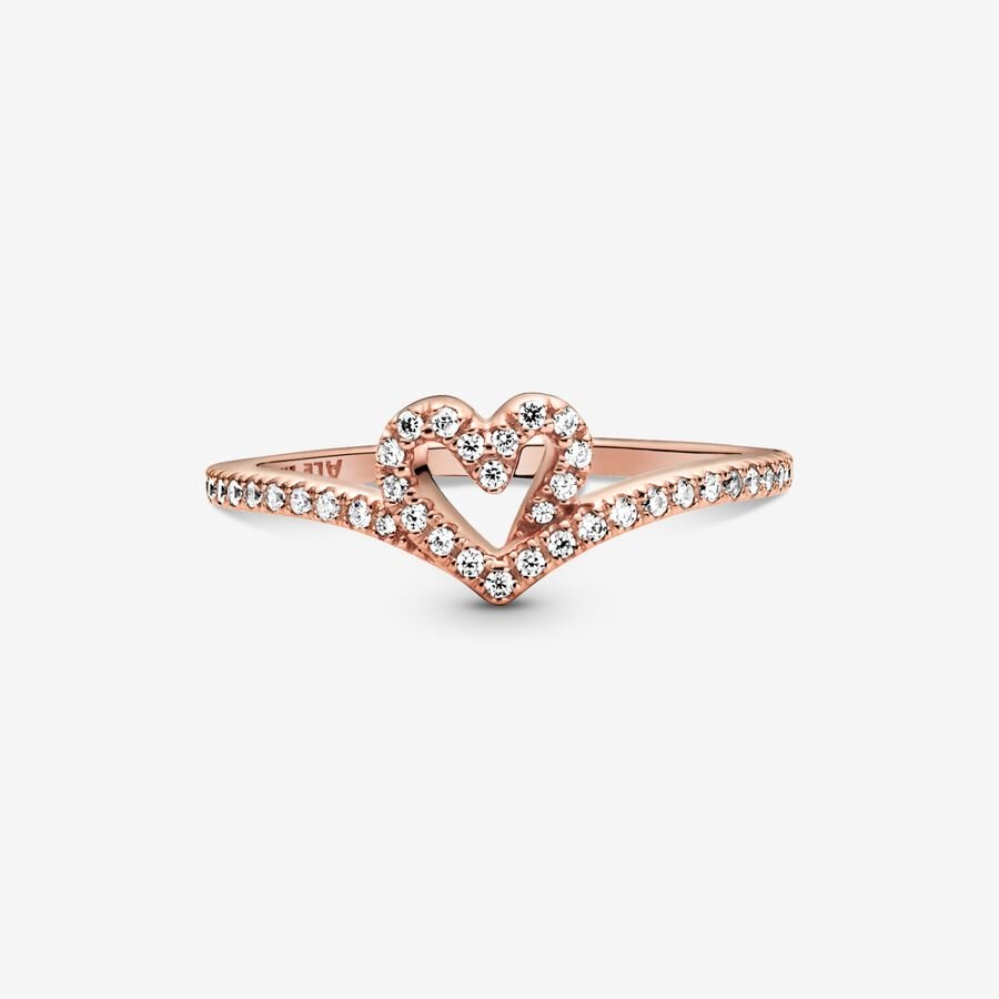 PANDORA Jewelry Sparkling Wishbone Heart Ring for Women - 14k Rose Gold-Plated with Cubic Zirconia - Size 9, With Gift Box