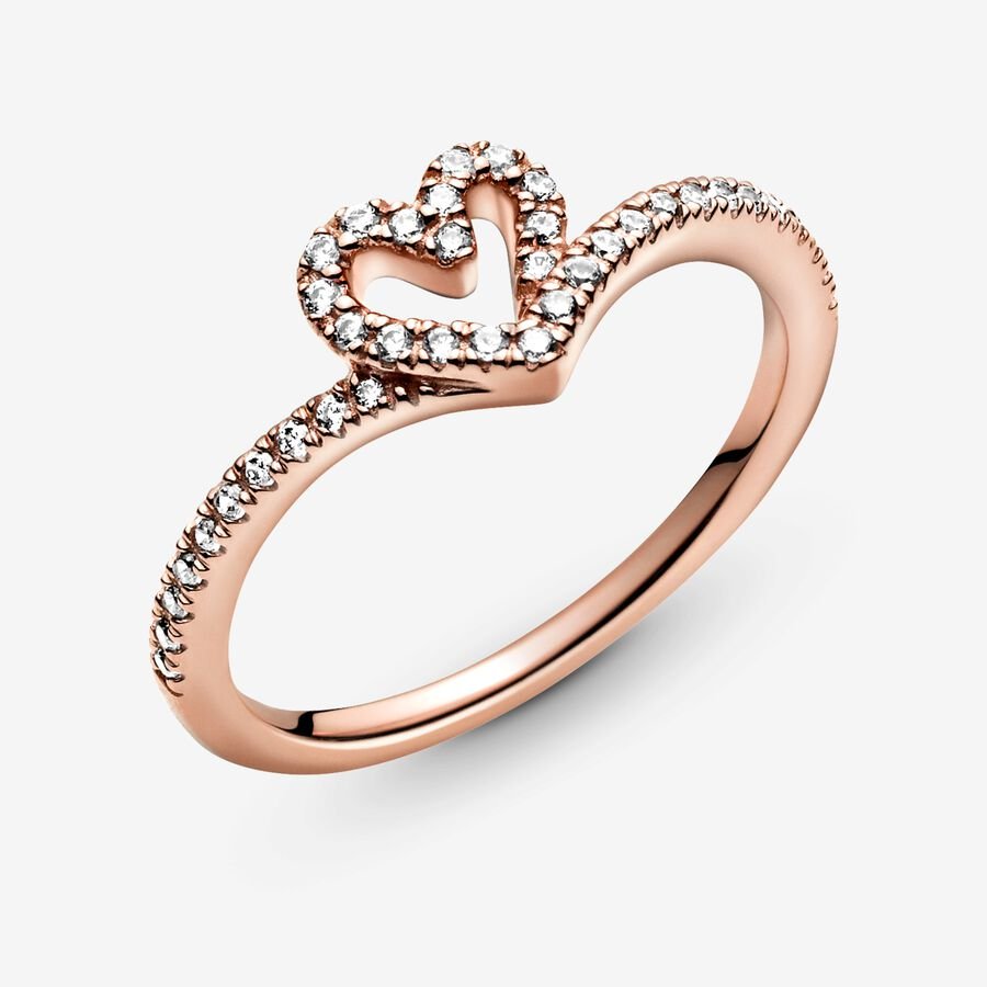 PANDORA Jewelry Sparkling Wishbone Heart Ring for Women - 14k Rose Gold-Plated with Cubic Zirconia - Size 9, With Gift Box