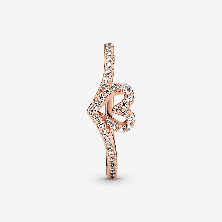 PANDORA Jewelry Sparkling Wishbone Heart Ring for Women - 14k Rose Gold-Plated with Cubic Zirconia - Size 9, With Gift Box