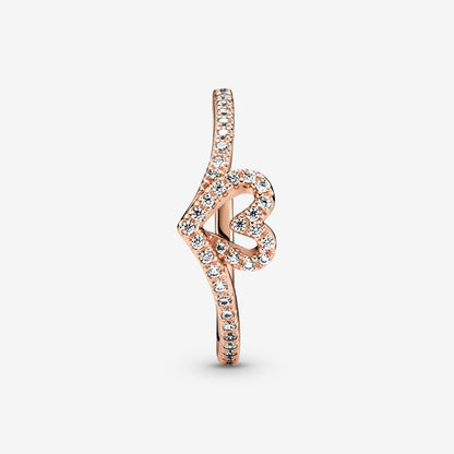 PANDORA Jewelry Sparkling Wishbone Heart Ring for Women - 14k Rose Gold-Plated with Cubic Zirconia - Size 9, With Gift Box