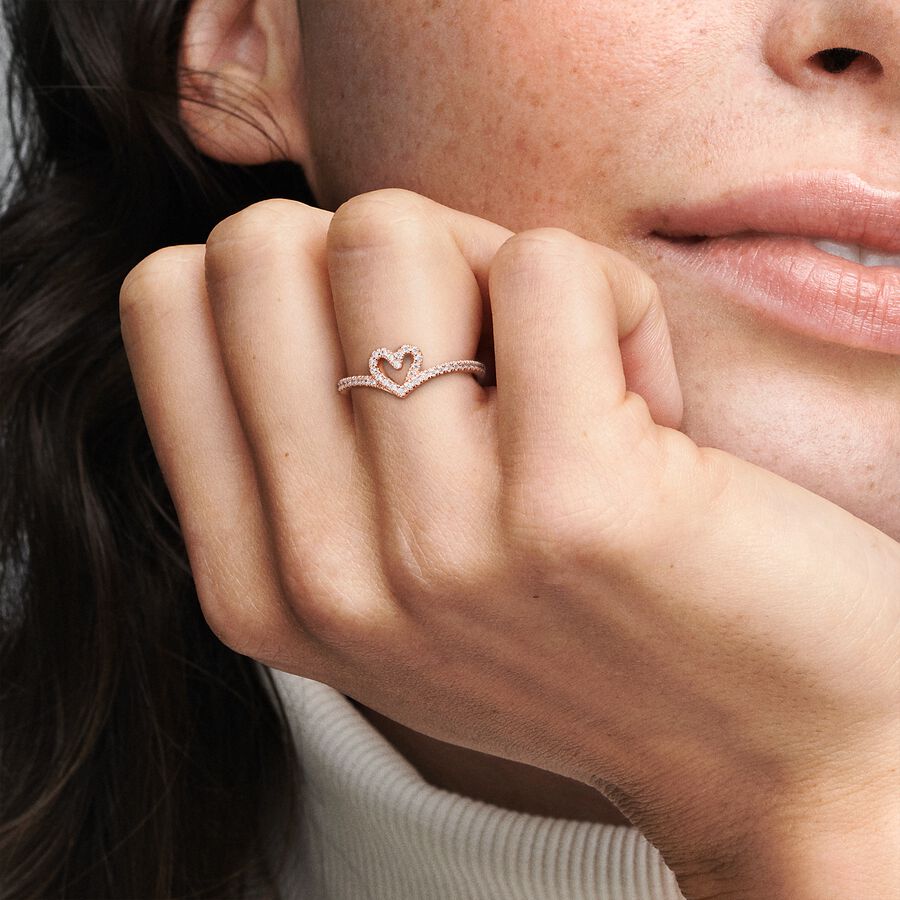 PANDORA Jewelry Sparkling Wishbone Heart Ring for Women - 14k Rose Gold-Plated with Cubic Zirconia - Size 7, With Gift Box