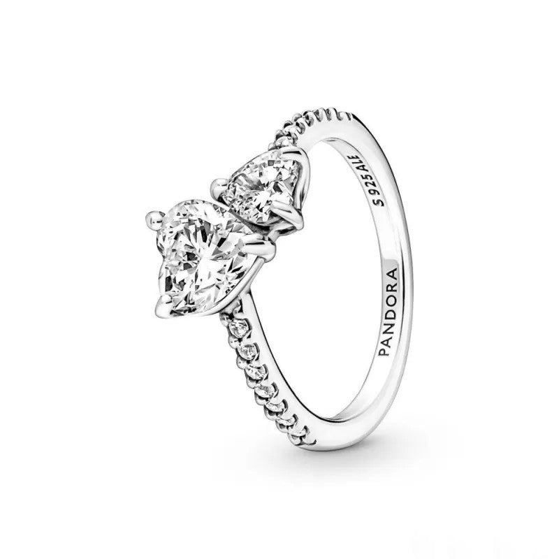 PANDORA Double Heart Sparkling Ring, Size 48, With Gift Box