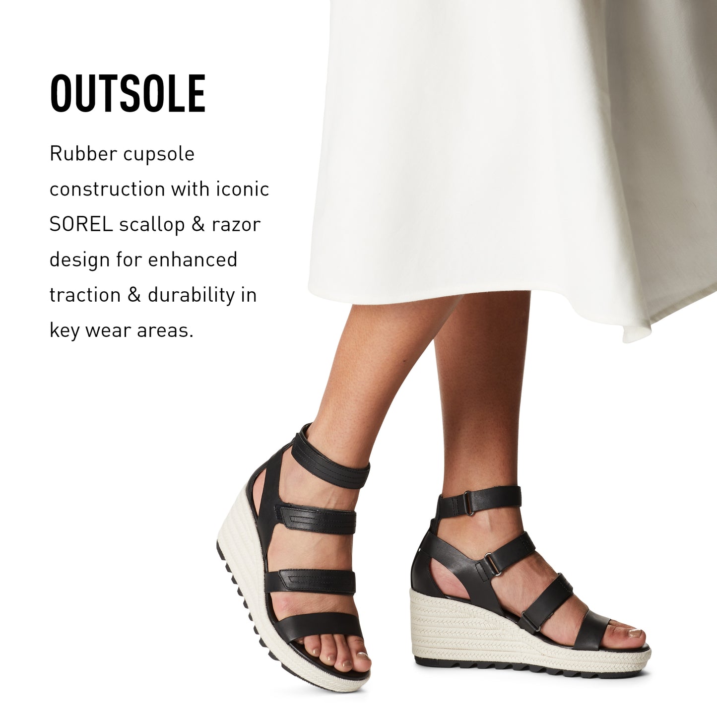 SOREL Women's Cameron Wedge Multistrap Sandals - Black, Chalk - Size 7.5