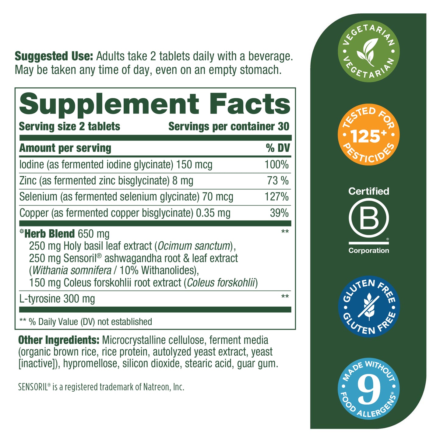 MegaFood Thyroid Strength - Mineral Supplement for Thyroid Support with Ashwagandha, Zinc, Iodine, L-Tyrosine, Selenium, and Copper - Gluten-Free, Made Without Dairy - Vegan - 60 Tabs (30 Servings)