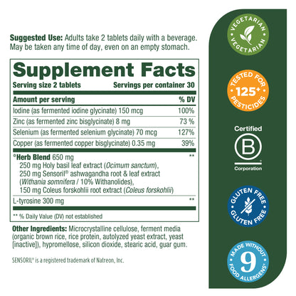 MegaFood Thyroid Strength - Mineral Supplement for Thyroid Support with Ashwagandha, Zinc, Iodine, L-Tyrosine, Selenium, and Copper - Gluten-Free, Made Without Dairy - Vegan - 60 Tabs (30 Servings)