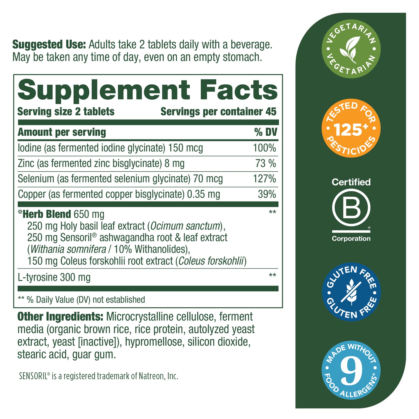 MegaFood Thyroid Strength - Mineral Supplement for Thyroid Support with Ashwagandha, Zinc, Iodine, L-Tyrosine, Selenium, and Copper - Gluten-Free - Made without Dairy - Vegan - 90 Tabs (45 Servings)