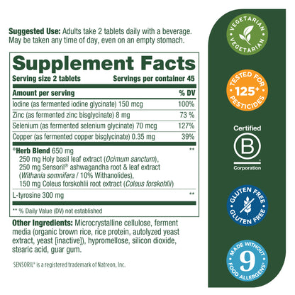 MegaFood Thyroid Strength - Mineral Supplement for Thyroid Support with Ashwagandha, Zinc, Iodine, L-Tyrosine, Selenium, and Copper - Gluten-Free - Made without Dairy - Vegan - 90 Tabs (45 Servings)