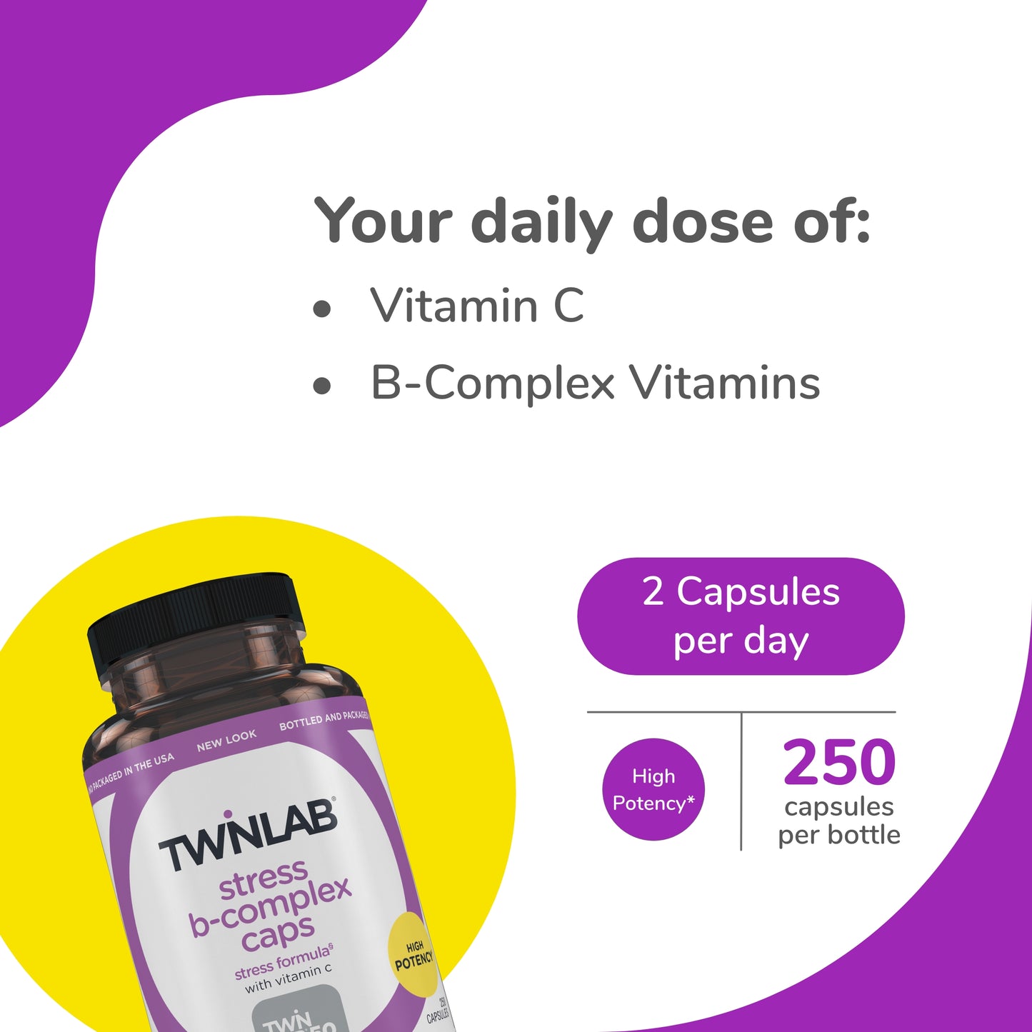 Twinlab Stress B-Complex Caps - High Potency Vitamin B Complex Capsules with Vitamin C 1000mg - Long-Lasting Energy, Immune Support, Stress Relief and Nerve Support - 250 Capsules