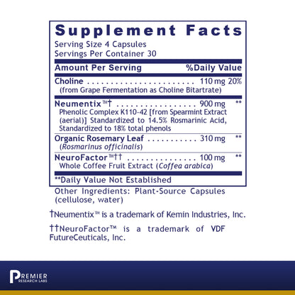 Premier Research Cognitropic, Supports Memory, Higher Thinking, Learning and Attention, 120 Capsules