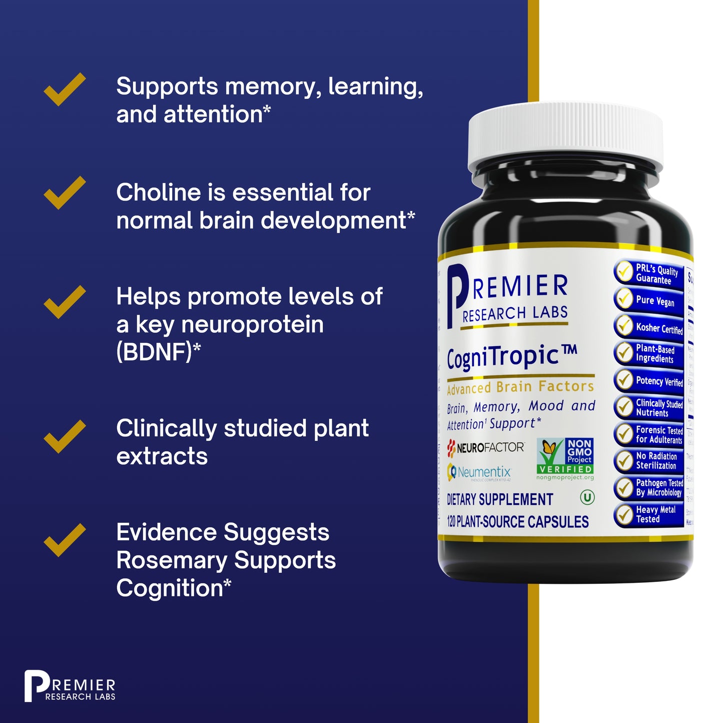 Premier Research Cognitropic, Supports Memory, Higher Thinking, Learning and Attention, 120 Capsules