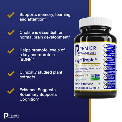 Premier Research Cognitropic, Supports Memory, Higher Thinking, Learning and Attention, 120 Capsules