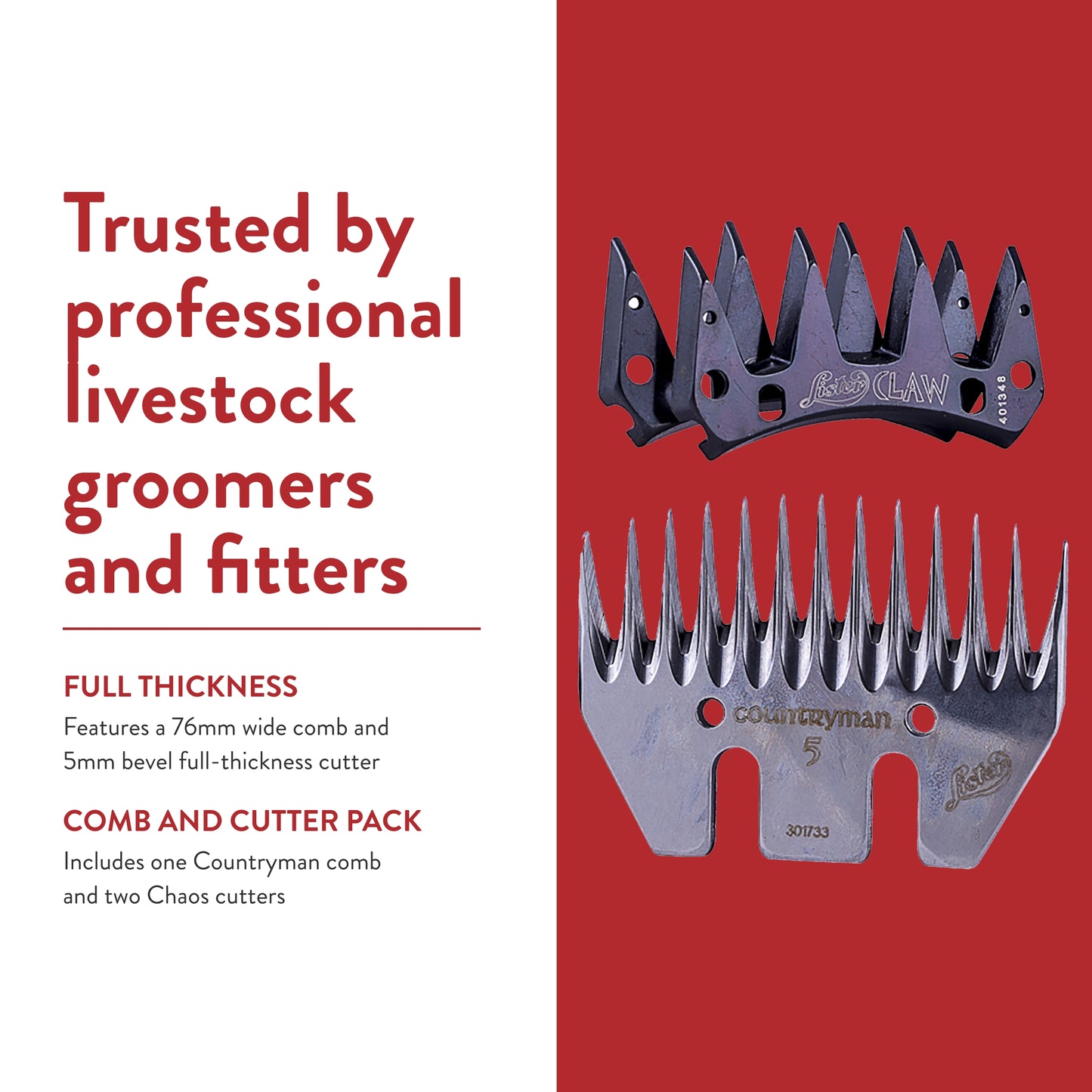 Lister Countryrange Countryman Comb and Cutter Pack with 76mm Wide Comb for Sheep, Alpacas, Camels, Cattle, and Llamas (#228-13700)
