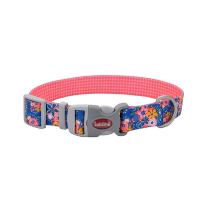 Coastal - Sublime Adjustable Dog Collar - Pink and Orange Flowers on Navy - 1 1/2" x 18"-26"