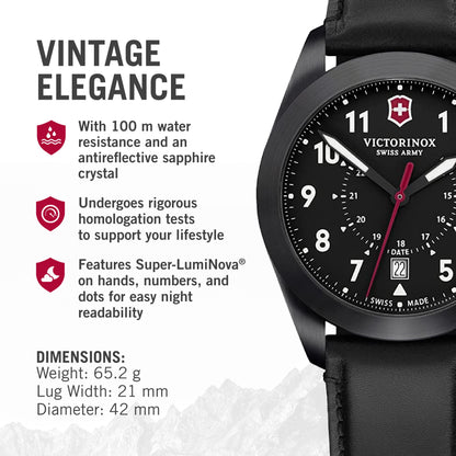Victorinox Alliance Swiss Army Heritage Analog Watch with Black Dial and Black Leather Strap - Timeless Wristwatch