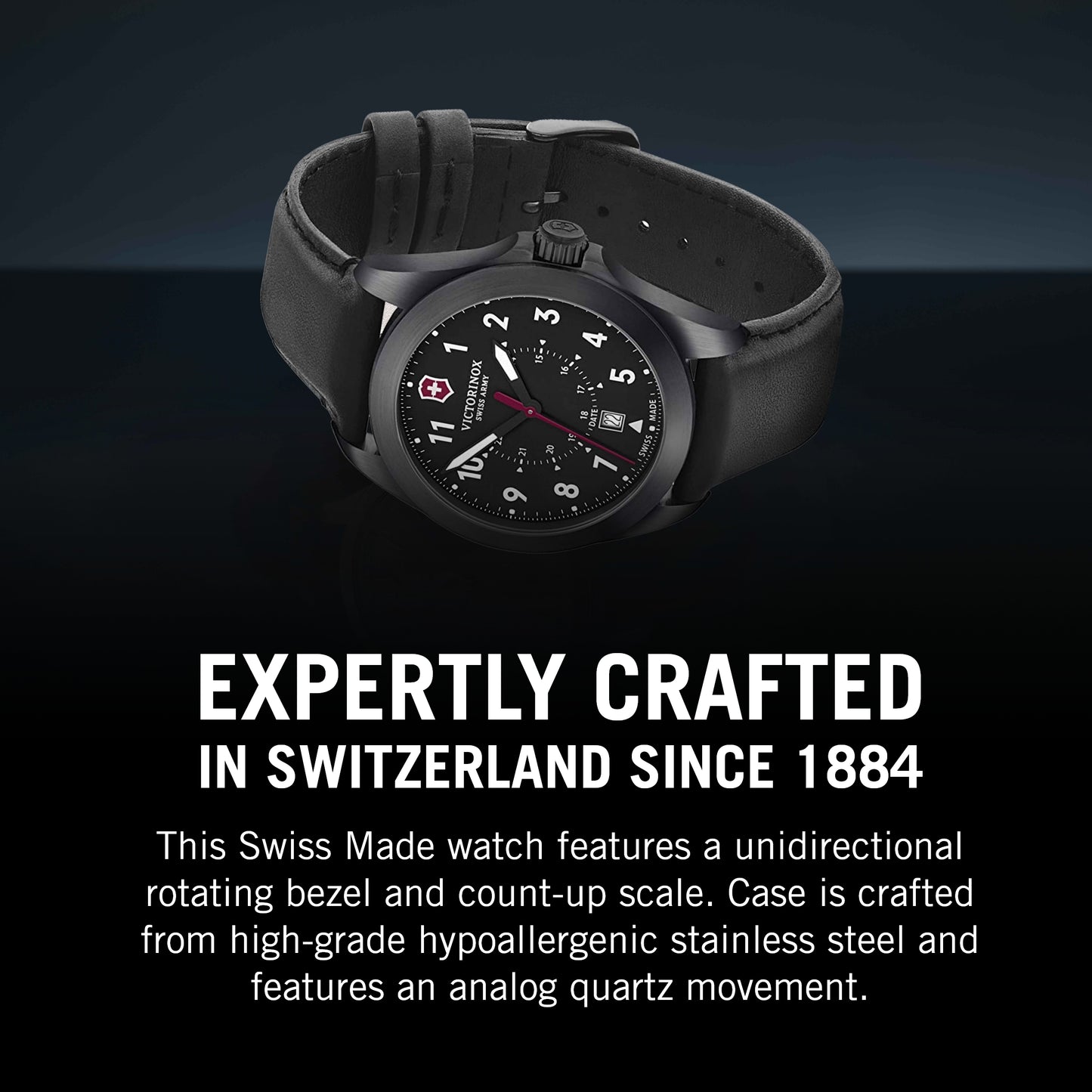 Victorinox Alliance Swiss Army Heritage Analog Watch with Black Dial and Black Leather Strap - Timeless Wristwatch