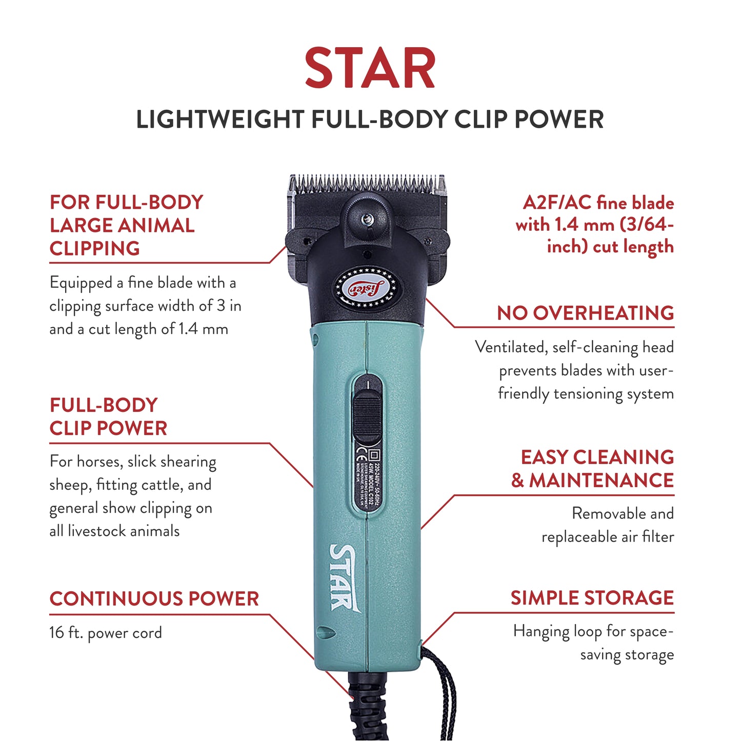 Lister Star Large Animal Clipper with Fine Blade for Horses, Cattle, Sheep, and Livestock, Green with Hard Case (258-34501)