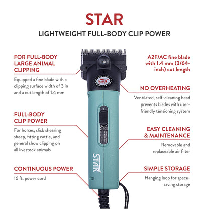 Lister Star Large Animal Clipper with Fine Blade for Horses, Cattle, Sheep, and Livestock, Green with Hard Case (258-34501)