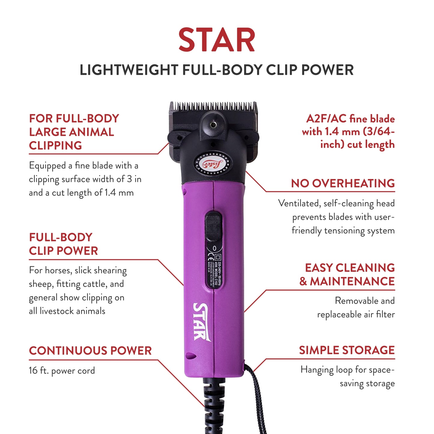 Lister Star Large Animal Clipper with Fine Blade for Horses, Cattle, Sheep, and Livestock, Purple with Hard Case (258-34502)