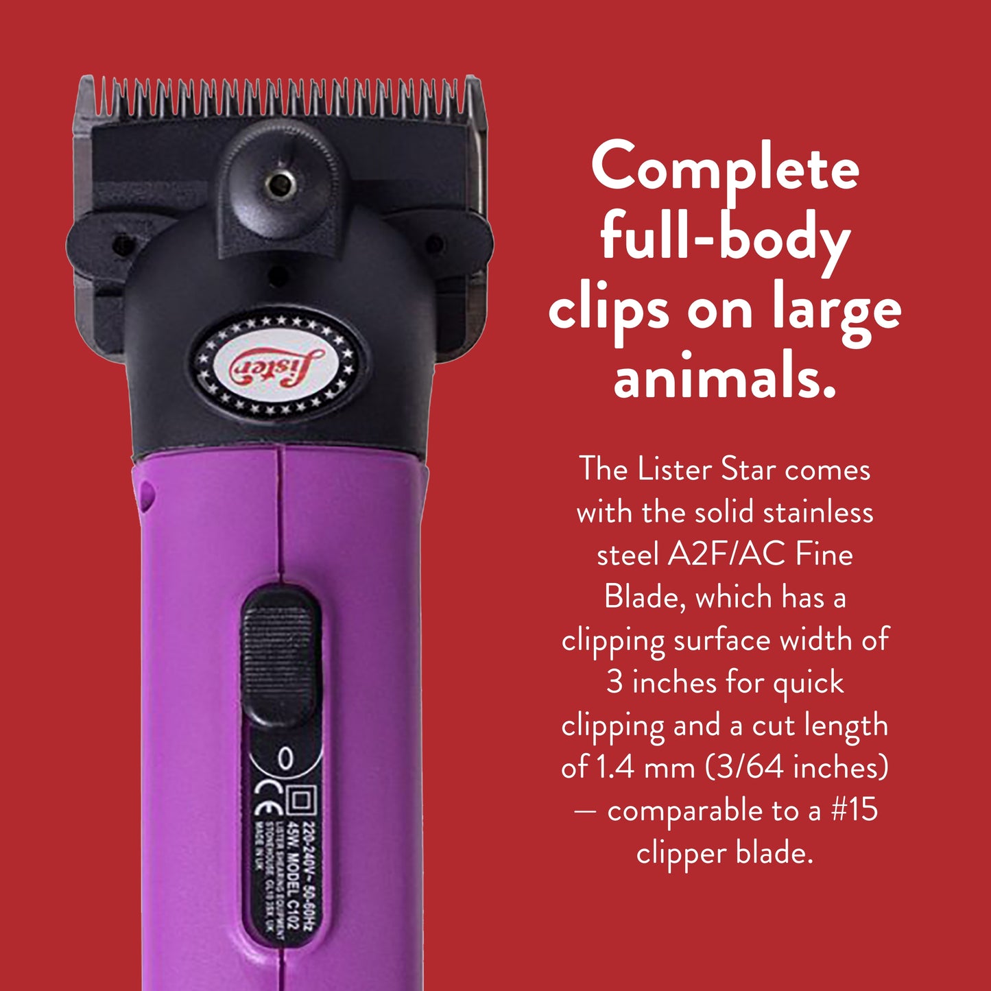 Lister Star Large Animal Clipper with Fine Blade for Horses, Cattle, Sheep, and Livestock, Purple with Hard Case (258-34502)