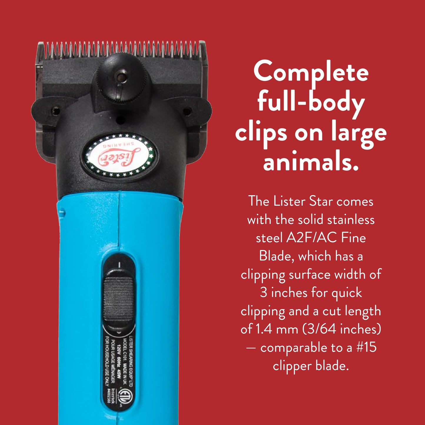 Lister Star Large Animal Clipper with Fine Blade for Horses, Cattle, Sheep, and Livestock, Turquoise with Hard Case (258-34503)