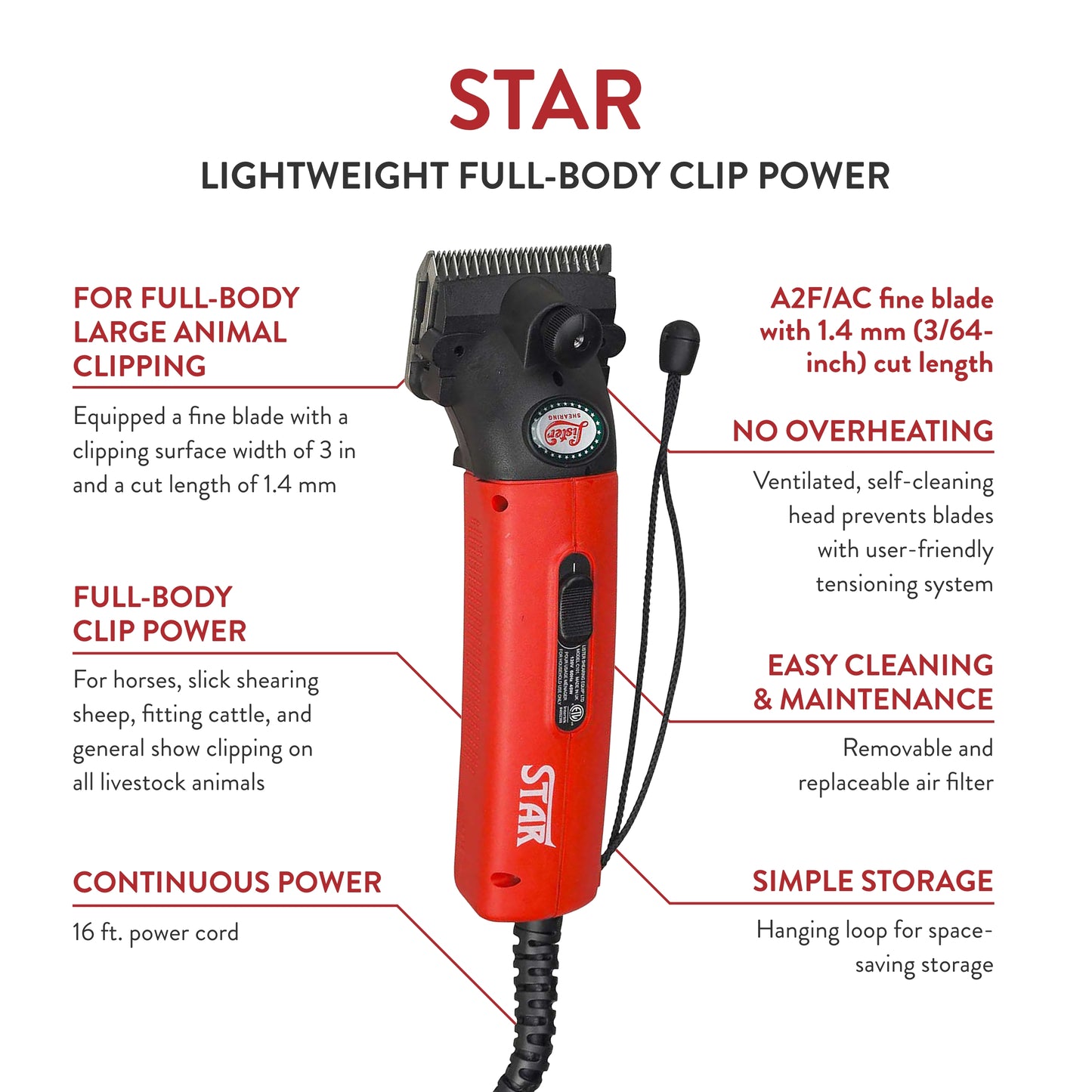 Lister Star Large Animal Clipper with Fine Blade for Horses, Cattle, Sheep, and Livestock, Red with Hard Case (258-34504)