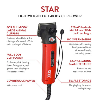 Lister Star Large Animal Clipper with Fine Blade for Horses, Cattle, Sheep, and Livestock, Red with Hard Case (258-34504)
