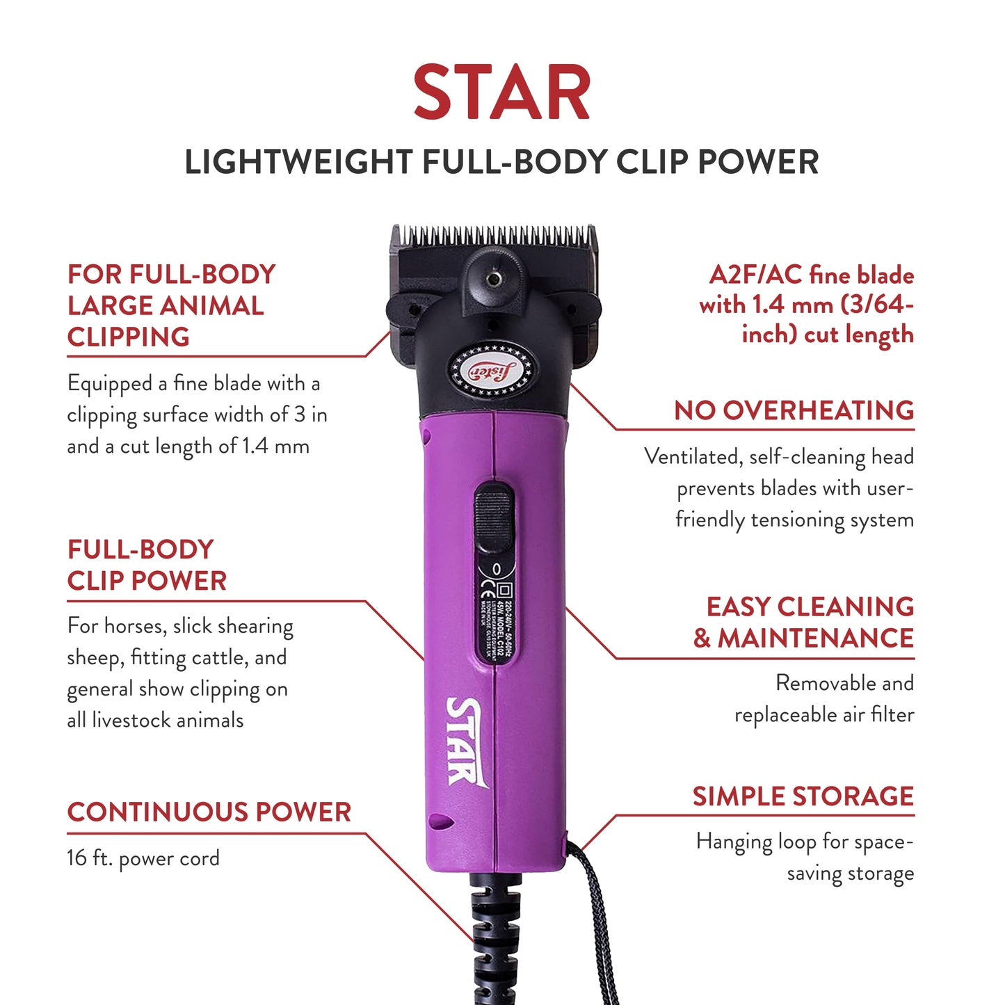Lister Star Large Animal Clipper with Fine Blade for Horses, Cattle, Sheep, and Livestock, Purple with Soft Case (258-35920)