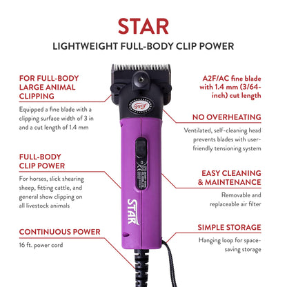 Lister Star Large Animal Clipper with Fine Blade for Horses, Cattle, Sheep, and Livestock, Purple with Soft Case (258-35920)