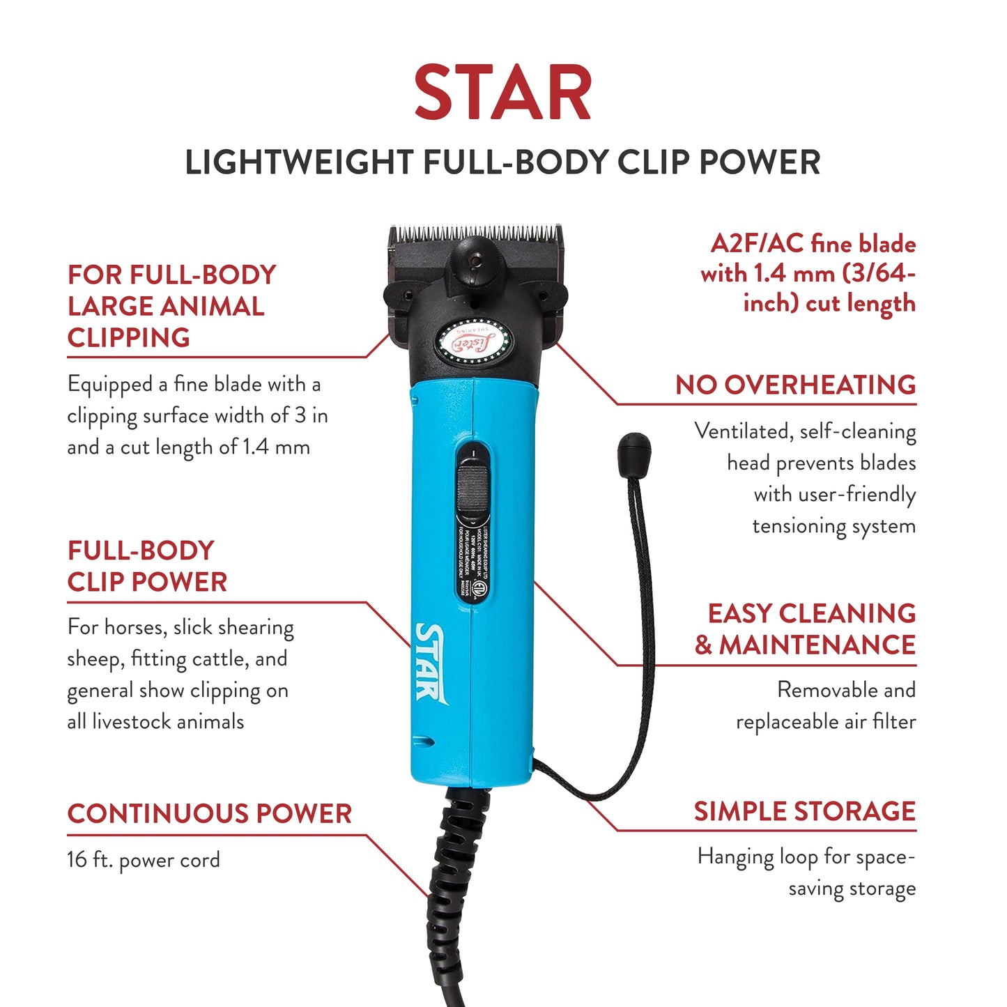 Lister Star Large Animal Clipper with Fine Blade for Horses, Cattle, Sheep, and Livestock, Turquoise with Soft Case (258-35921)