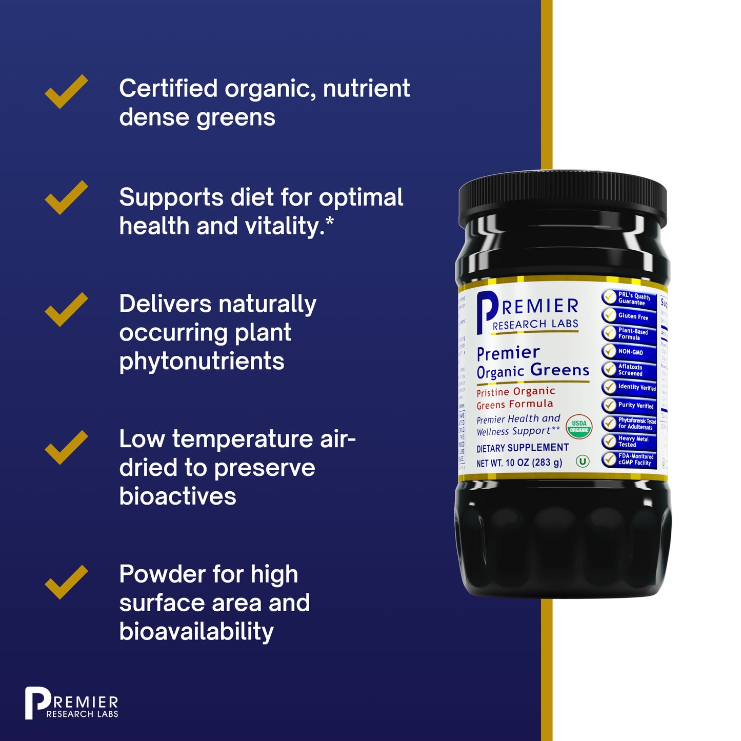 Premier Research Premier Greens Powder, Vegan Product, Gluten-Free - Super Nutrition Greens Formula with Power Grass-Plus Blend for Premier Health and Wellness Support, 10 Oz