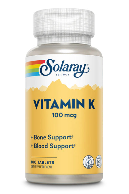 Solaray Vitamin K-1 100mcg | Healthy Bone Structure, Blood Clotting, Protein Synthesis Support | Non-GMO, Vegan & Lab Verified | 100 Tablets
