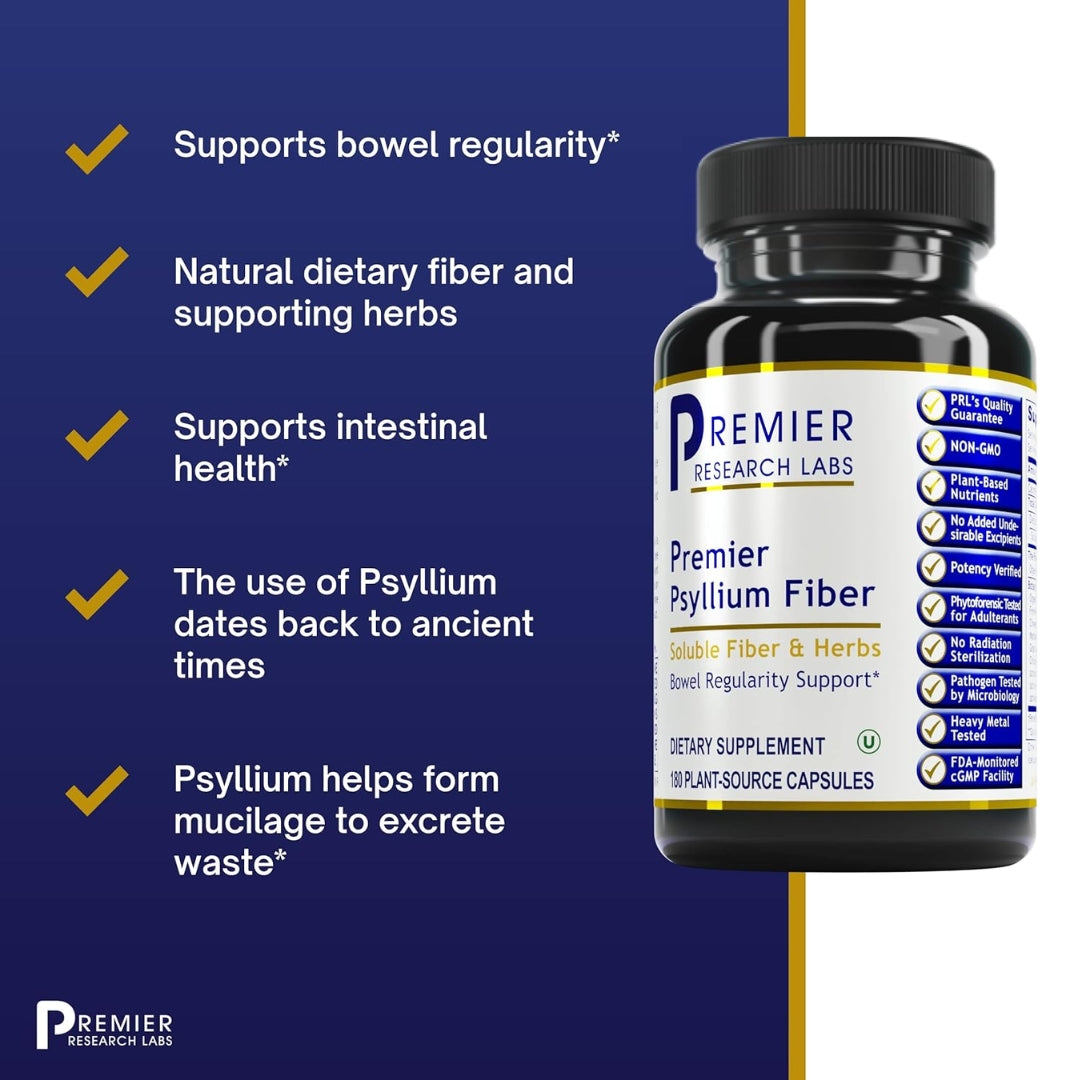 Premier Research Premier Psyllium Fiber, Supports Bowel Regularity and Intestinal Health, 180 Plant-Source Capsules