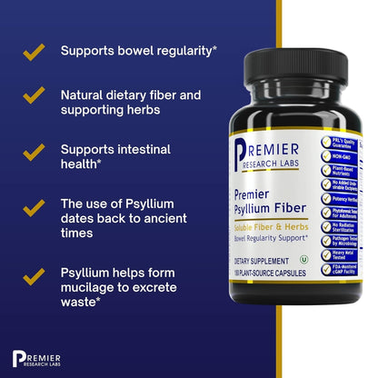 Premier Research Premier Psyllium Fiber, Supports Bowel Regularity and Intestinal Health, 180 Plant-Source Capsules