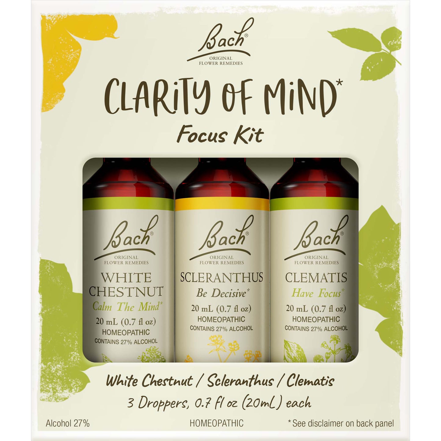 Bach Original Flower Remedies, Clarity of Mind Kit, For Focus and Mindfulness, Natural Homeopathic Flower Essence, Holistic Wellness, Vegan, 3 x 20mL Droppers