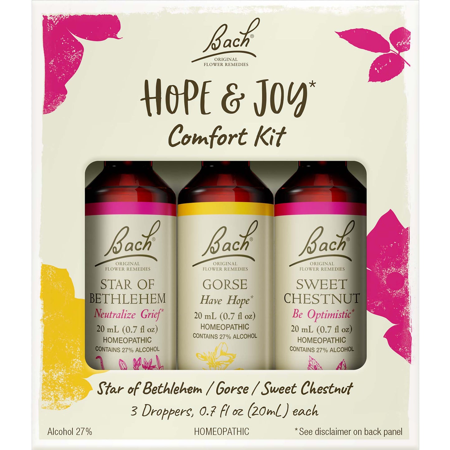 Bach Original Flower Remedies, Hope and Joy Kit, For Comfort and Optimism, Natural Homeopathic Flower Essence, Holistic Wellness, Vegan, 3 x 20mL Droppers