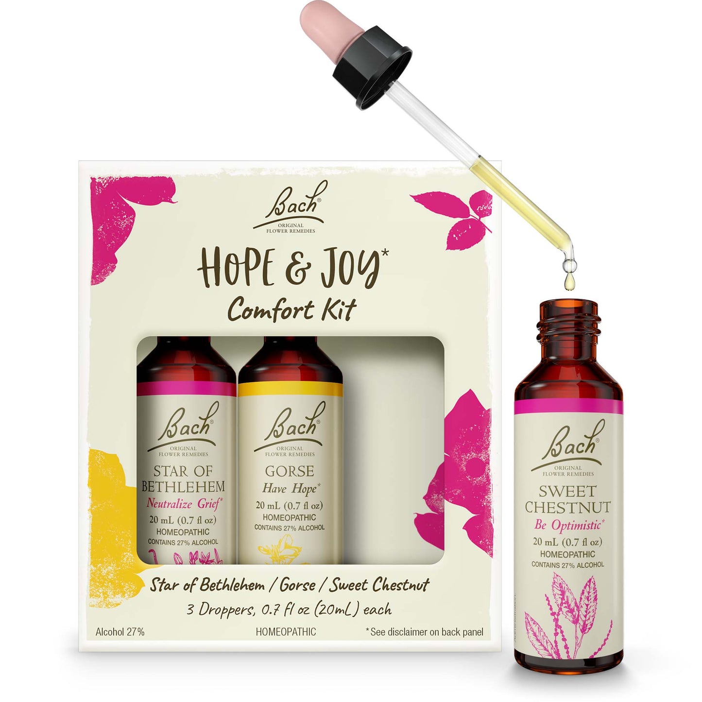 Bach Original Flower Remedies, Hope and Joy Kit, For Comfort and Optimism, Natural Homeopathic Flower Essence, Holistic Wellness, Vegan, 3 x 20mL Droppers