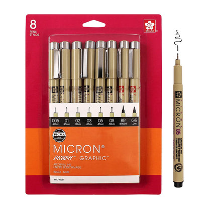 Sakura Pigma 30067 Micron Blister Card Ink Pen Set, Black, 8/Set