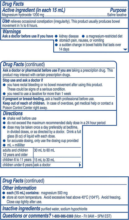 Milk of Magnesia Original Flavor Saline Laxative Liquid, 12 Oz Bottle (Pack of 3) *Compare to Phillips Milk of Magnesia and Save*